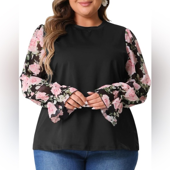 Agnes Orinda Plus Size Tops for Women Crew Neck Floral Printed Long Sleeve 2X - Picture 2 of 9